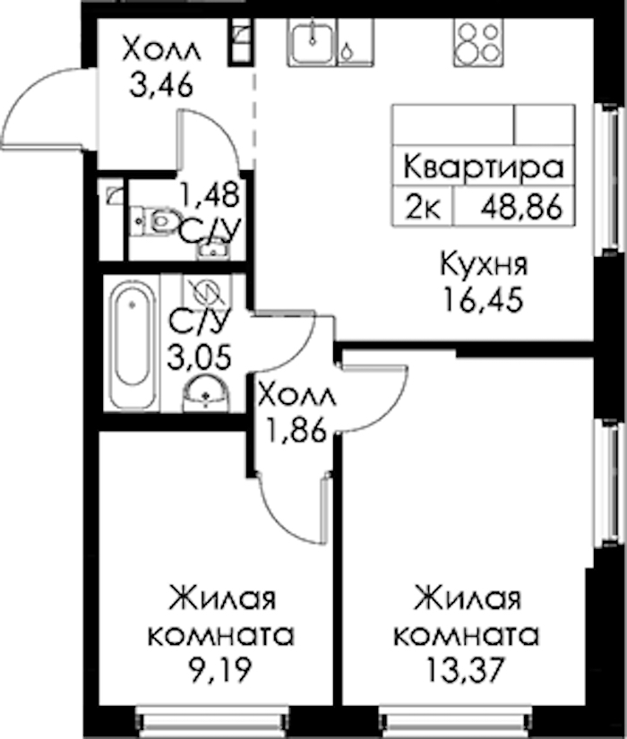 2-комнатная квартира 48.86 м², 1/15 эт., ЖК «Янинский лес»